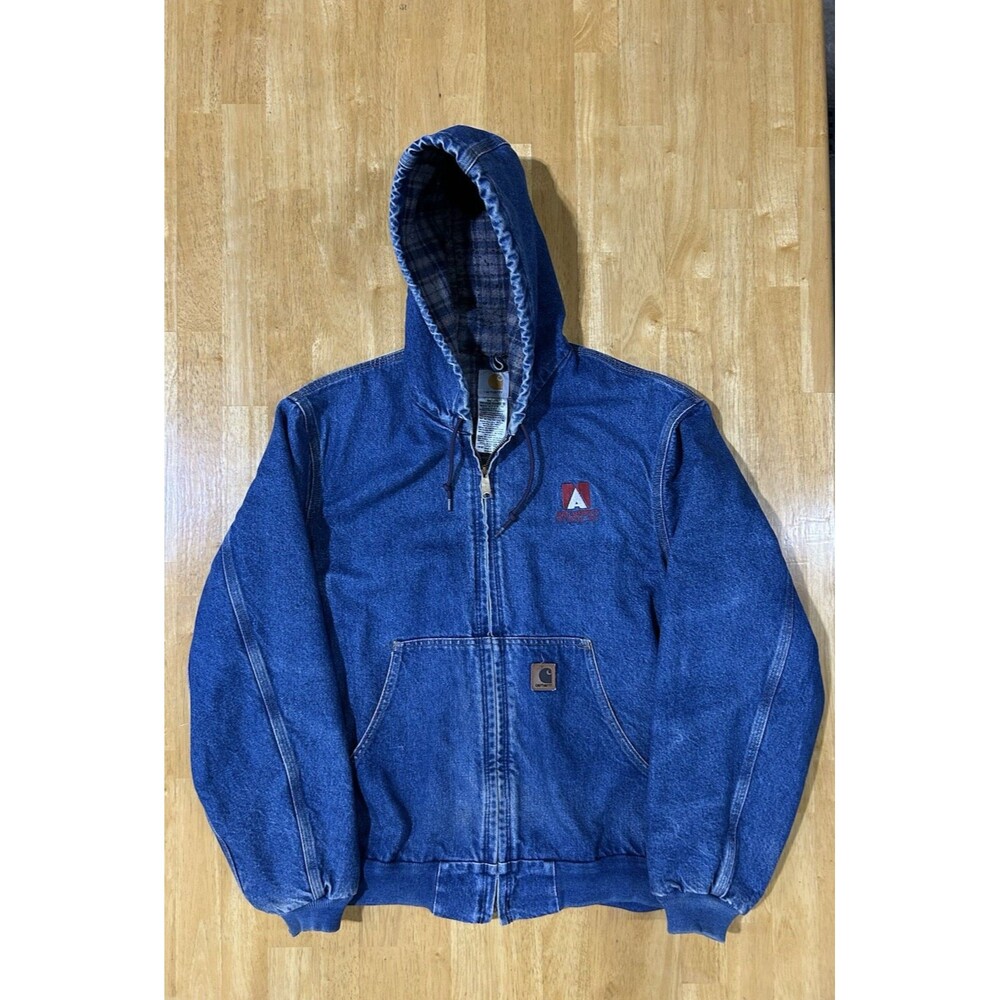 Vintage Carhartt Denim Hooded Plaid Blanket Lined Large Men’s Jacket J139 DST B6